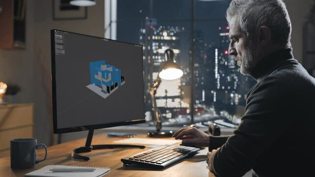 designer at the desk projects house at the computer,architect in office designing 3d residential building at the desktop