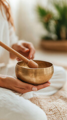 meditation, sound therapy. Woman playing a brass singing bowl in a serene meditation room with soft lighting and a calming atmosphere