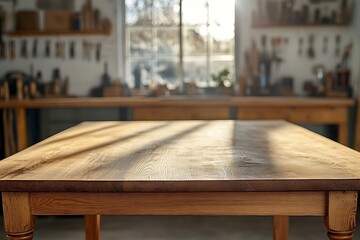 Empty lumber table in craft workshop utensils on wall soft-focus rear light streams via window craft tools equipment peek in background perfect for furniture art concepts craft  
