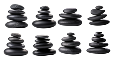 Assorted Black Stones Stacked in Balanced Arrangements for Serenity, PNG bundle collection, Isolated on Transparent Background