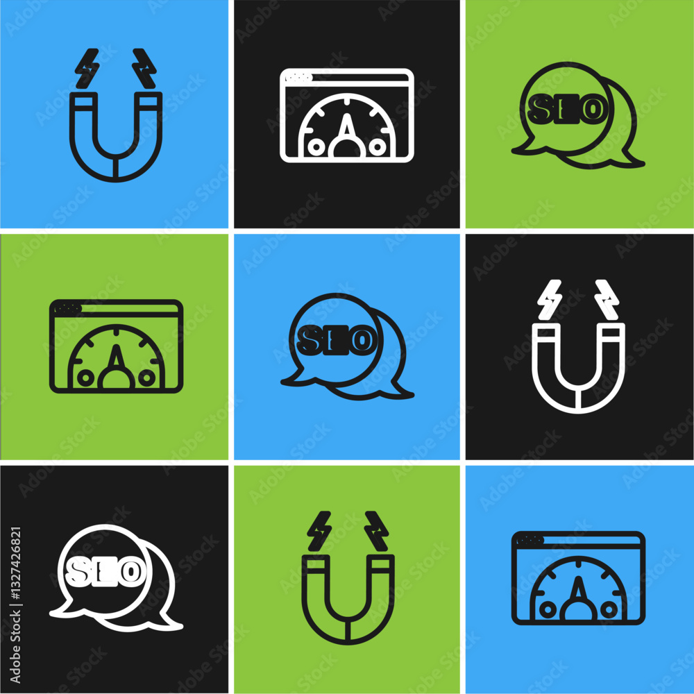 Poster set line magnet, seo optimization and website statistic icon. vector