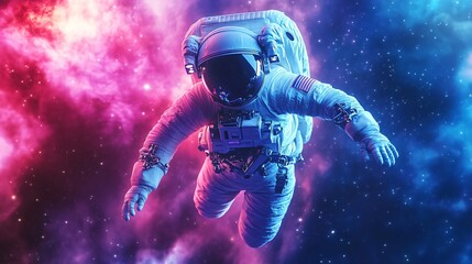 Fototapeta premium Astronaut floating in colorful cosmos, space exploration theme, vibrant hues of blue and pink, ideal for science fiction.