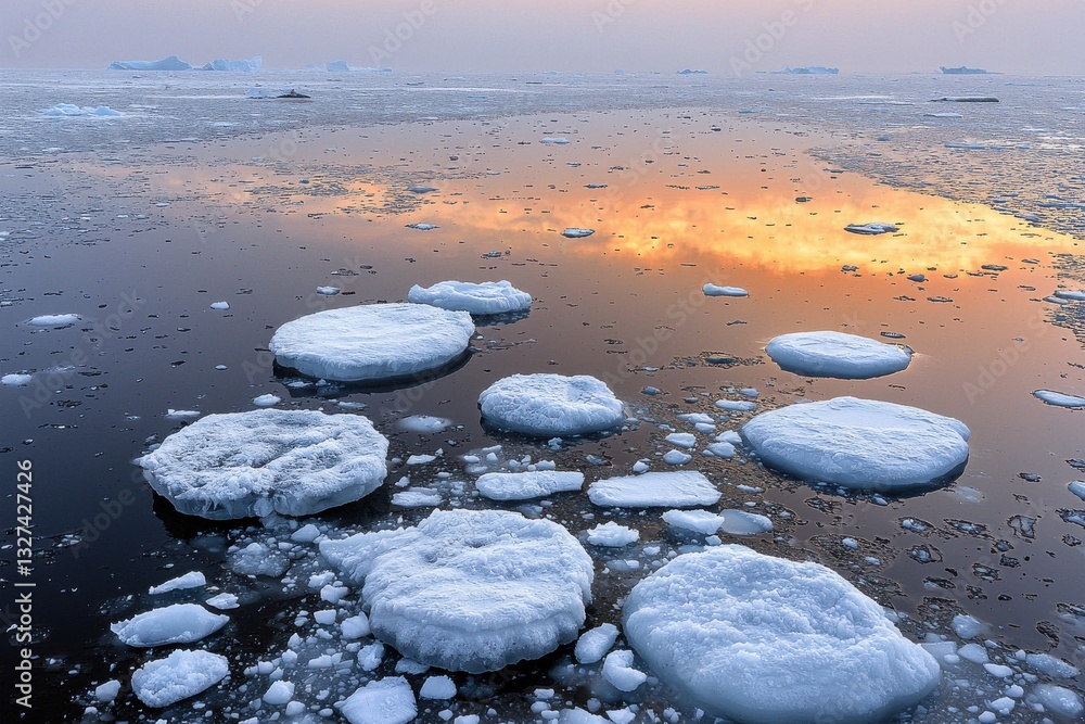 Poster a scenic view of floating icebergs in the arctic ocean, reflecting the sunset sky and creating a ser