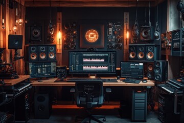 Fototapeta premium Professional Music Studio: Monitors Computer Keyboards and Editing Software