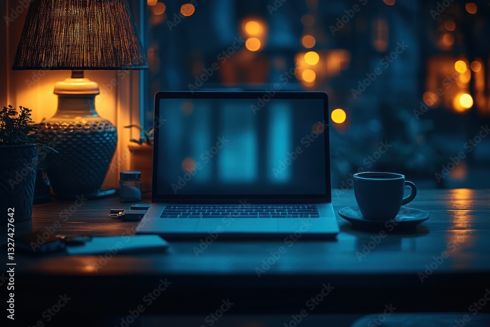 Poster laptop on desk at night illuminated by lamp and bokeh lights in the background