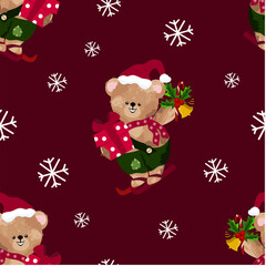 A funny bear in a Santa hat stands on skis and holds in his paws a red box and holly leaves with a yellow bell. Vector illustration.