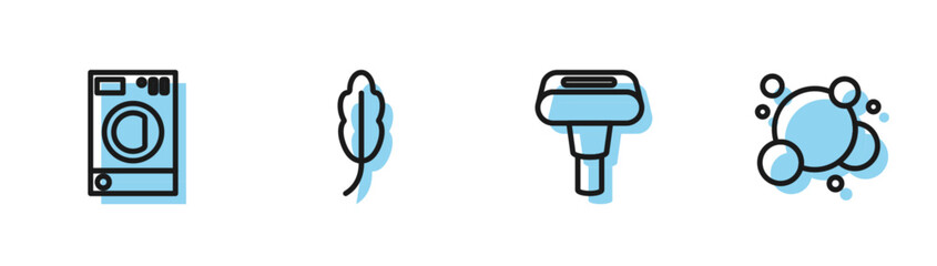 Set line Garment steamer, Washer, Feather and Soap water bubbles icon. Vector