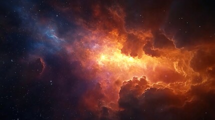 Naklejka premium Vibrant cosmic scene with swirling nebulae, fiery orange and deep blue hues, perfect backdrop for science fiction themes.