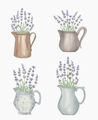 Lavender flower in a vase watercolor illustration. Hand painted lavender in ceramic jugs