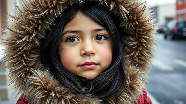 little greenlandic girl on street in nuuk greenland, child with dark hair in national dress, nationality, diversity, alaska, people of the north