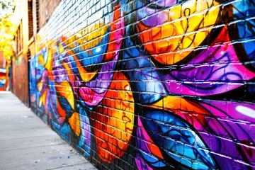 A vibrant brick wall covered in colorful graffiti art, showcasing urban creativity and modern artistic expression in a side street, perfect for background or design.