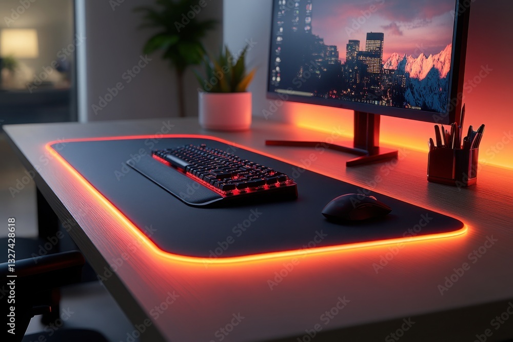 Poster illuminated gaming setup featuring keyboard mouse monitor and glowing mousepad
