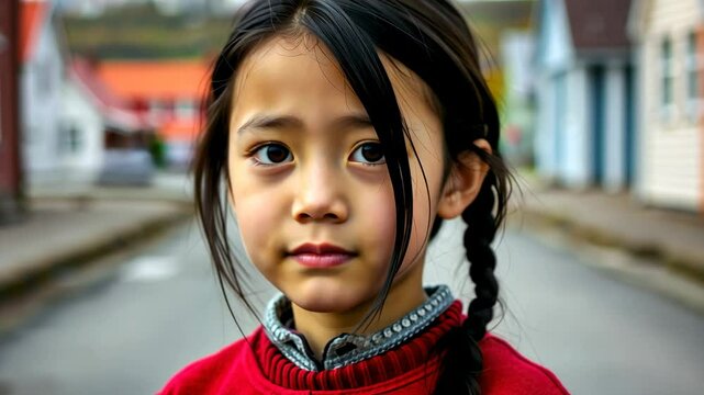 little greenlandic girl on street in nuuk greenland, child with dark hair in national dress, nationality, diversity, alaska, people of the north