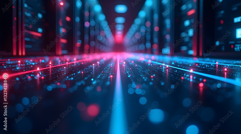 Poster futuristic cyberspace data stream with red and blue light trails bokeh