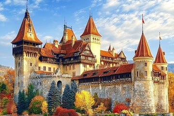 Palace in autumn, sunlight on building, scenic landscape background