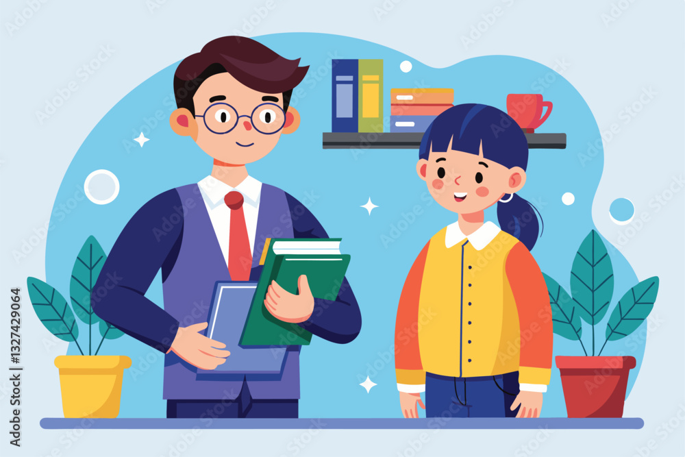 Poster a teacher in formal attire holds books while discussing with an attentive student in a vibrant class