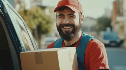 Smiling, positive facial expression. Delivery man or loader is near the car with a box