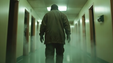 A mysterious figure stands at the end of a dimly lit hallway filled with fog, creating a scene that is both suspenseful and dramatic, calling forth intrigue.