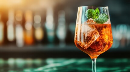 A refreshing drink garnished with mint leaves fills an elegant glass, radiating freshness and sophistication, perfect for summer gatherings or special occasions.