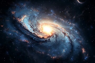 Cosmos with a vivid core star encircled by twirling gas and dust clouds in deep space twinkling sky backdrop with shadowy nebulae and far-off worlds  
