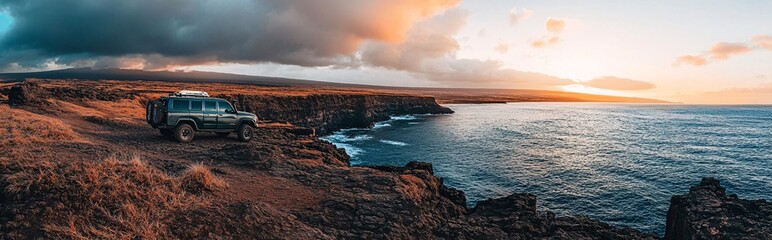Offroad SUV parked on coastal cliff at sunset, scenic ocean view, rugged 4x4 vehicle, travel exploration, adventure road trip