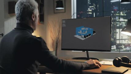 architect at the desk designs 3d house on computer screen,male designer sitting at the desktop in office designing projecting residential building - Powered by Adobe