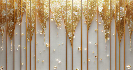 Obraz premium Golden leaf-shaped wall decor with sparkling crystals. 