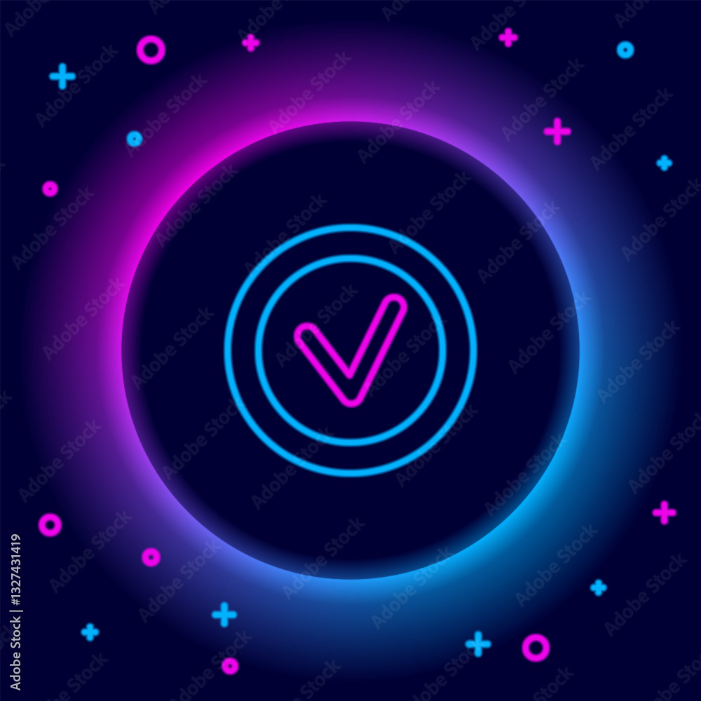 Fototapete Glowing neon line Check mark in round icon isolated on black background. Check list button sign. Colorful outline concept. Vector