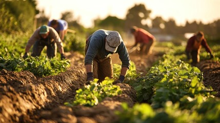Dedicated farmers work together harvesting crops in a golden field at sunset