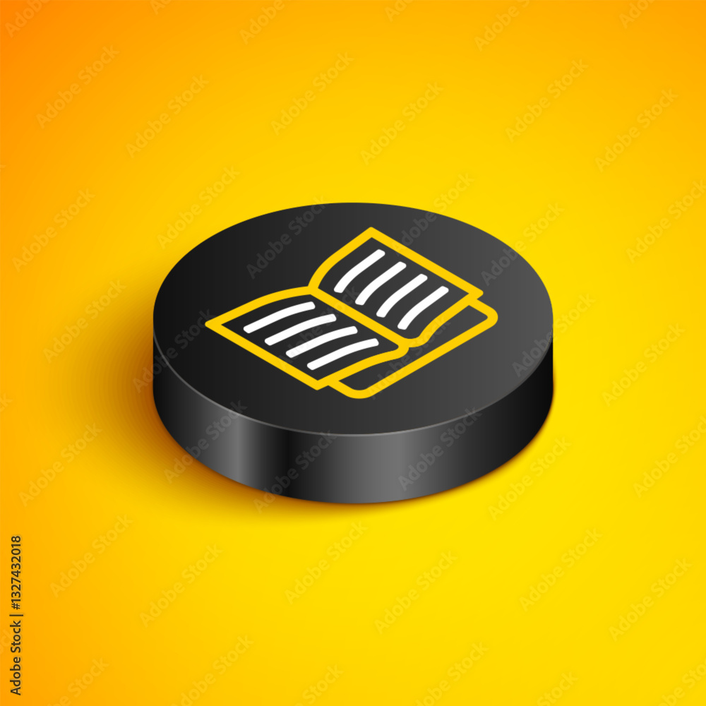 Poster isometric line open book icon isolated on yellow background. black circle button. vector