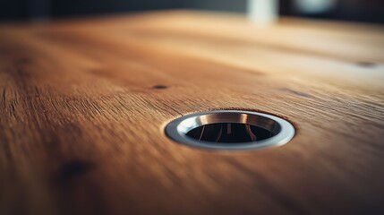 Closeup of Wooden Table Surface with Metal Hole for Cables