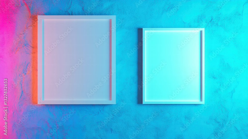 Poster minimalist art display with two white frames on textured colorful wall