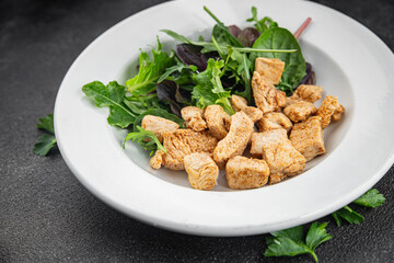 Salad turkey meat green leaves mix fresh  gourmet food background on the table rustic food top view copy space keto and paleo diet