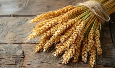 ears of wheat on a wooden table copy space