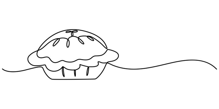 Apple pies continuous one line isolated on white background, one continuous line drawing of pie cake on plate isolated on white background. Food concept vector, Apple Pie Line icon, Sketch and Doodle.