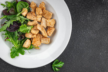 Salad turkey meat green leaves mix fresh  gourmet food background on the table rustic food top view copy space keto and paleo diet