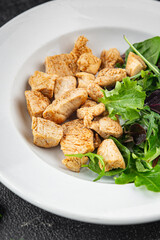 Salad turkey meat green leaves mix fresh  gourmet food background on the table rustic food top view copy space keto and paleo diet