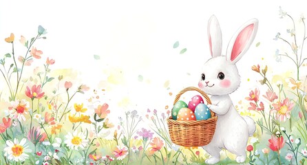 Obraz premium Watercolor Easter Bunny with Basket of Colorful Eggs in Spring Setting