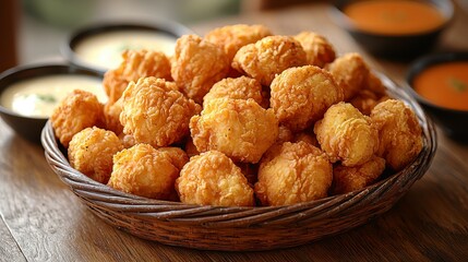 A basket overflowing with golden fried food captured on a wooden table ideal for family gatherings and enjoyment