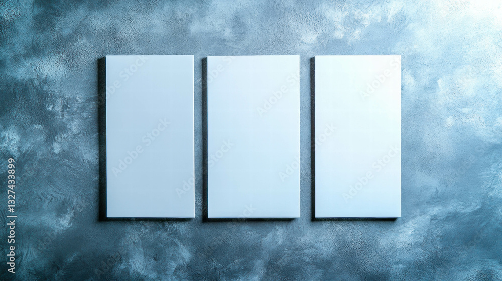 Poster minimalist design with three white frames on textured wall background