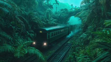 Train journey through vibrant jungle scenery captured in high fidelity