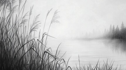 Misty lake scene with tall grasses.  Detailed pencil sketch of a tranquil lake, surrounded by tall grasses and misty forests. Soft light creates a serene atmosphere