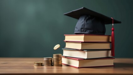 Graduation Cap on Book Stack with Falling Coins. Cost of Education. Perfect for content about financial aid, student loans, scholarship opportunities, rising costs of higher education