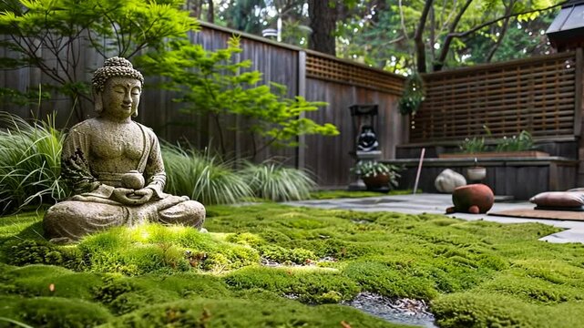 Japanischer Zen-Garten mit Buddha-Statue und Wasser