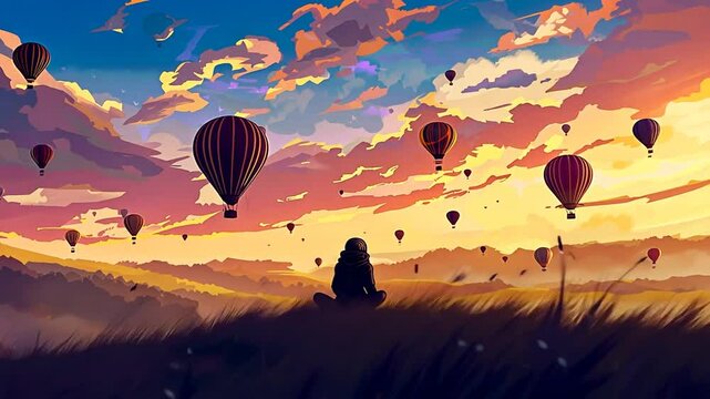 Meditation in einem farbenfrohen Feld mit Hei&szlig;luftballons