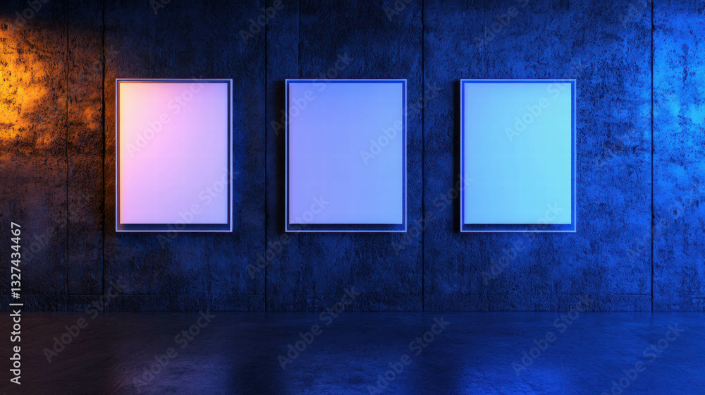 Poster modern art display with three white frames in creative triangular arrangement