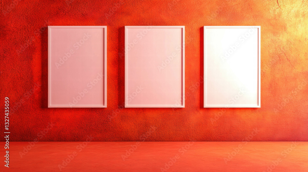 Poster minimalist design with three white frames on textured red wall