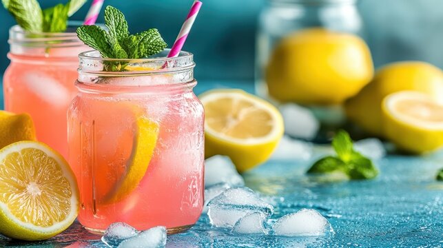 This captivating lemonade drink is accentuated with fresh lemons and ice, providing a visually appealing and refreshing beverage option for warm, sunny days.