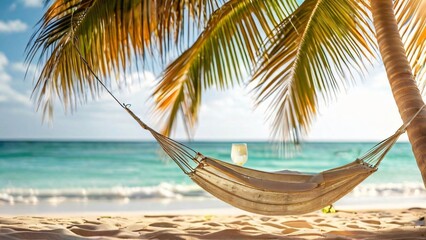 Naklejka premium Hammock and Cocktail on a Sunny Ocean Shore Illustration for World Laziness Day and World Cocktail Day