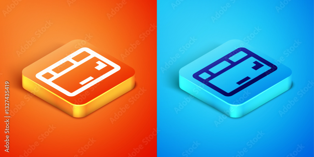 Poster isometric computer keyboard icon isolated on orange and blue background. pc component sign. vector
